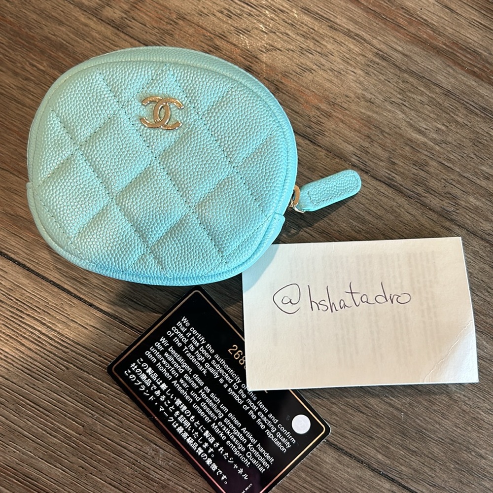 CHANEL Caviar Quilted Zip Around Classic O Coin Purse Tiffany Blue Rare Edition - Picture 5 of 13